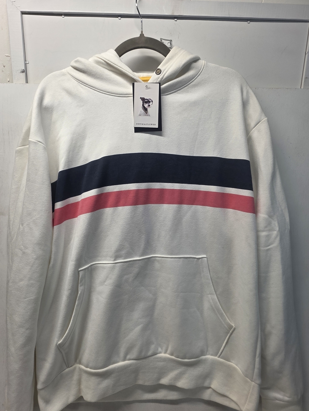 Denim & Flower Ricky Singh Men's XL Hoodie White Navy Pink Stripe NWT